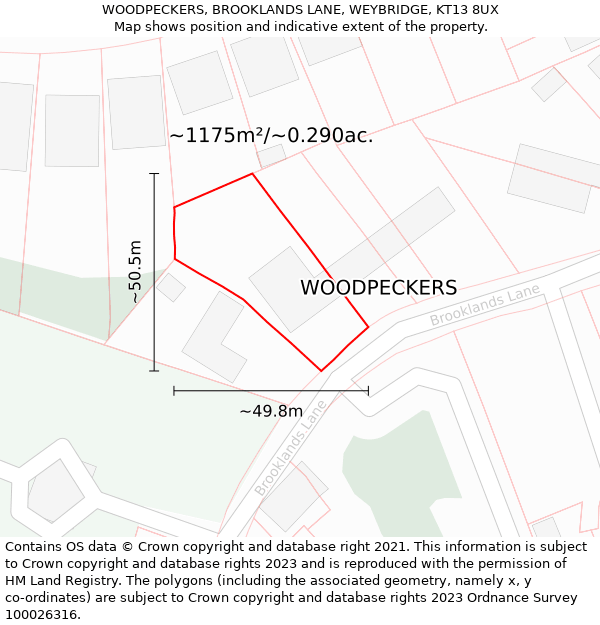 WOODPECKERS, BROOKLANDS LANE, WEYBRIDGE, KT13 8UX: Plot and title map
