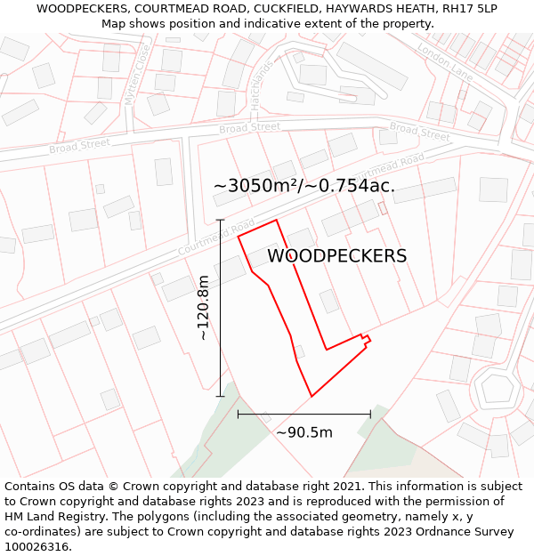 WOODPECKERS, COURTMEAD ROAD, CUCKFIELD, HAYWARDS HEATH, RH17 5LP: Plot and title map