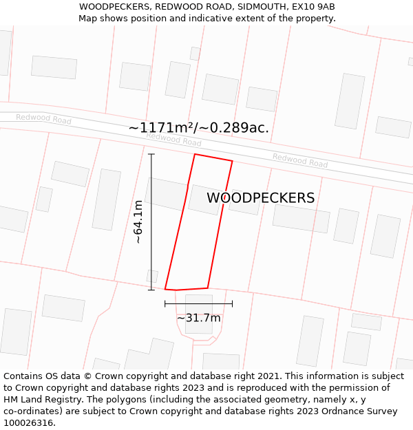 WOODPECKERS, REDWOOD ROAD, SIDMOUTH, EX10 9AB: Plot and title map