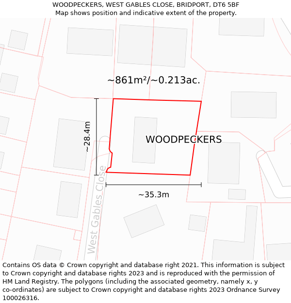 WOODPECKERS, WEST GABLES CLOSE, BRIDPORT, DT6 5BF: Plot and title map