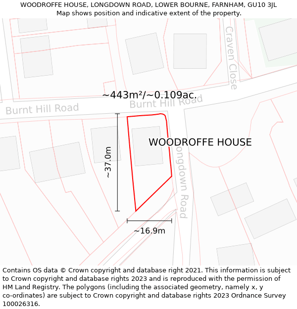 WOODROFFE HOUSE, LONGDOWN ROAD, LOWER BOURNE, FARNHAM, GU10 3JL: Plot and title map