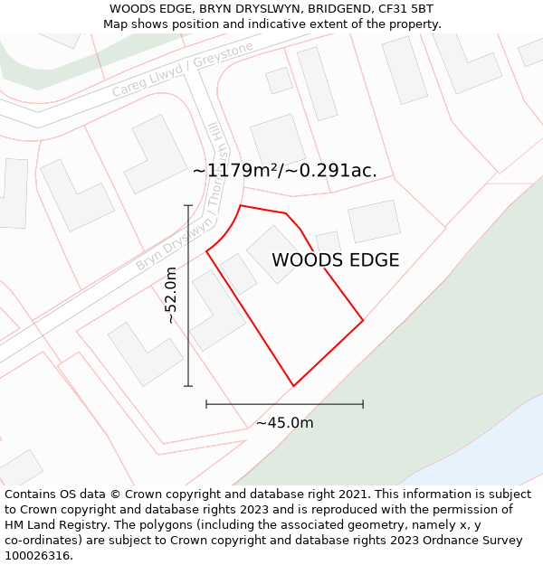 WOODS EDGE, BRYN DRYSLWYN, BRIDGEND, CF31 5BT: Plot and title map