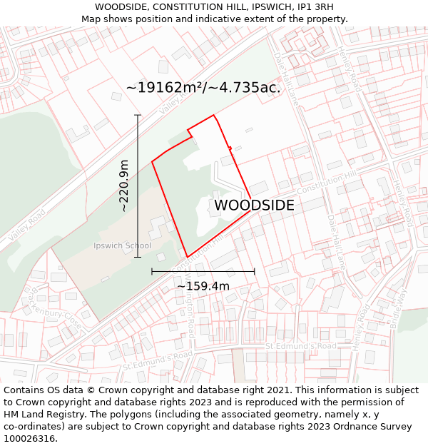 WOODSIDE, CONSTITUTION HILL, IPSWICH, IP1 3RH: Plot and title map