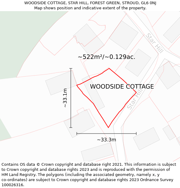 WOODSIDE COTTAGE, STAR HILL, FOREST GREEN, STROUD, GL6 0NJ: Plot and title map