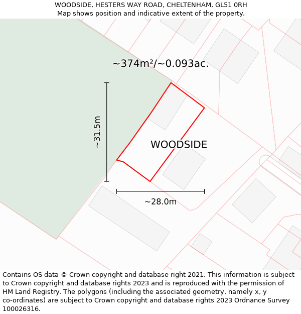WOODSIDE, HESTERS WAY ROAD, CHELTENHAM, GL51 0RH: Plot and title map