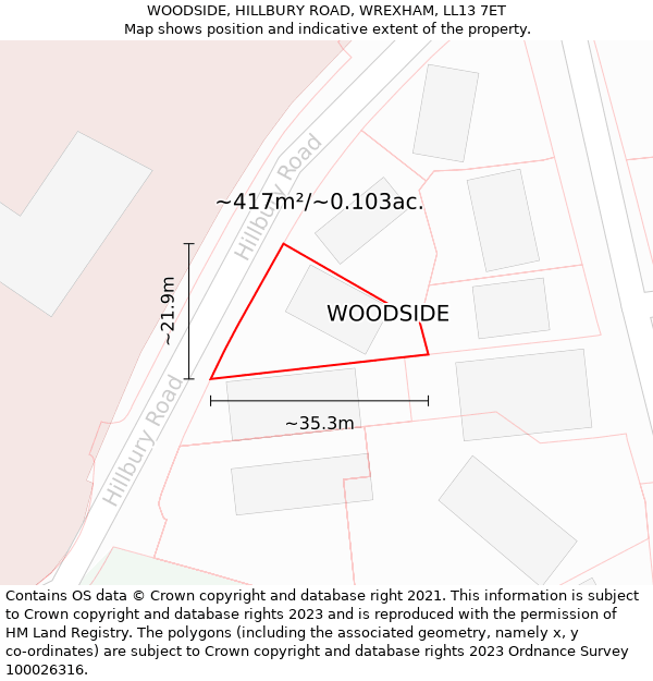WOODSIDE, HILLBURY ROAD, WREXHAM, LL13 7ET: Plot and title map