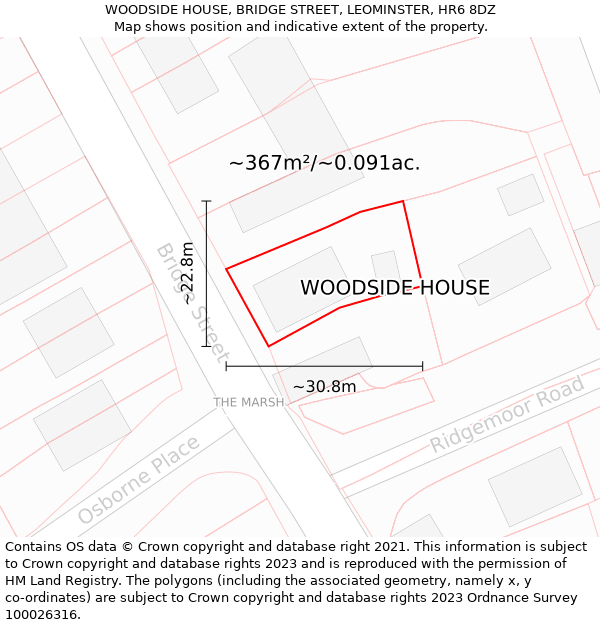 WOODSIDE HOUSE, BRIDGE STREET, LEOMINSTER, HR6 8DZ: Plot and title map