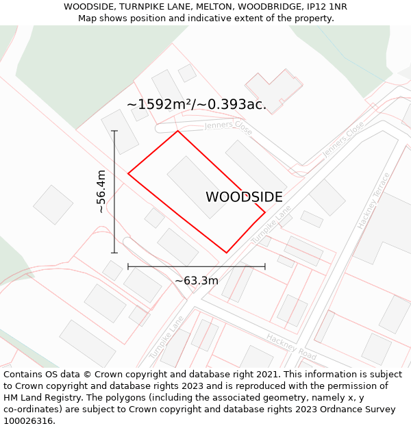 WOODSIDE, TURNPIKE LANE, MELTON, WOODBRIDGE, IP12 1NR: Plot and title map
