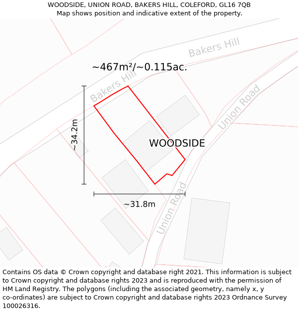 WOODSIDE, UNION ROAD, BAKERS HILL, COLEFORD, GL16 7QB: Plot and title map