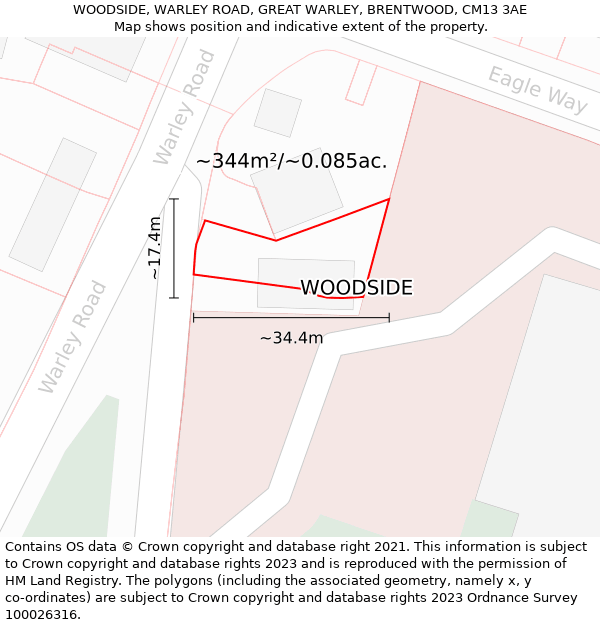 WOODSIDE, WARLEY ROAD, GREAT WARLEY, BRENTWOOD, CM13 3AE: Plot and title map