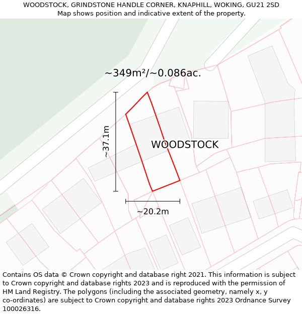 WOODSTOCK, GRINDSTONE HANDLE CORNER, KNAPHILL, WOKING, GU21 2SD: Plot and title map