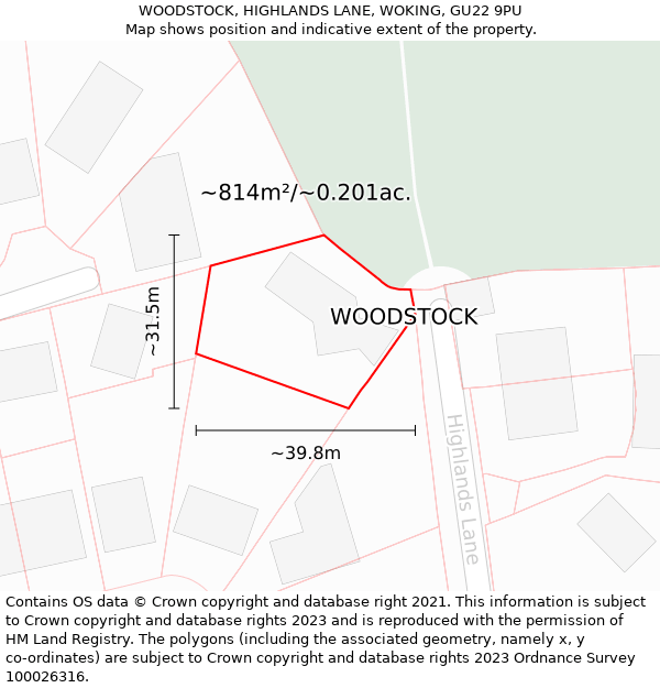 WOODSTOCK, HIGHLANDS LANE, WOKING, GU22 9PU: Plot and title map