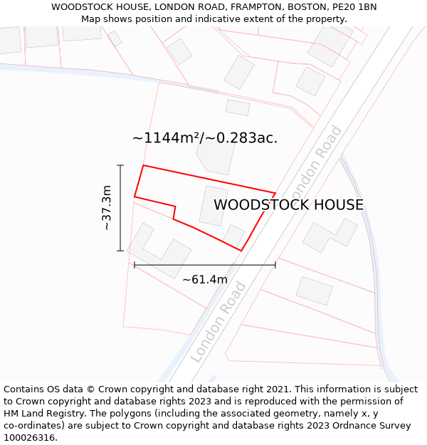 WOODSTOCK HOUSE, LONDON ROAD, FRAMPTON, BOSTON, PE20 1BN: Plot and title map