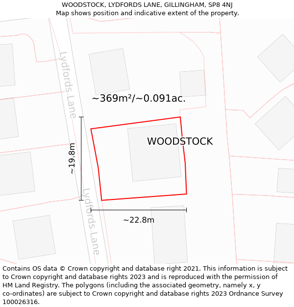 WOODSTOCK, LYDFORDS LANE, GILLINGHAM, SP8 4NJ: Plot and title map