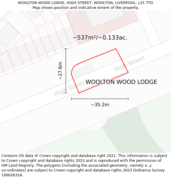 WOOLTON WOOD LODGE, HIGH STREET, WOOLTON, LIVERPOOL, L25 7TD: Plot and title map