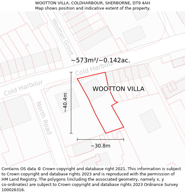 WOOTTON VILLA, COLDHARBOUR, SHERBORNE, DT9 4AH: Plot and title map