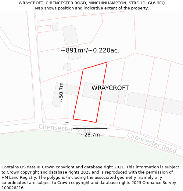 WRAYCROFT, CIRENCESTER ROAD, MINCHINHAMPTON, STROUD, GL6 9EQ: Plot and title map