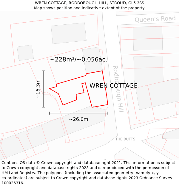 WREN COTTAGE, RODBOROUGH HILL, STROUD, GL5 3SS: Plot and title map