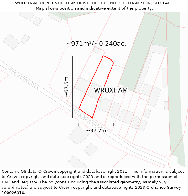 WROXHAM, UPPER NORTHAM DRIVE, HEDGE END, SOUTHAMPTON, SO30 4BG: Plot and title map