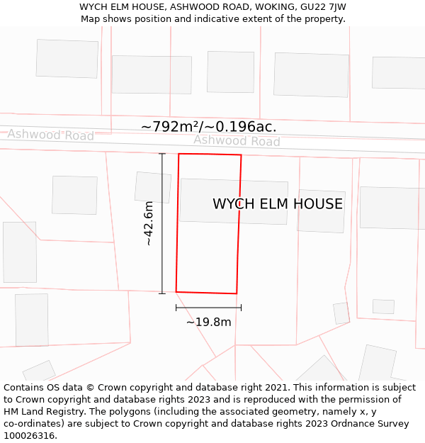 WYCH ELM HOUSE, ASHWOOD ROAD, WOKING, GU22 7JW: Plot and title map