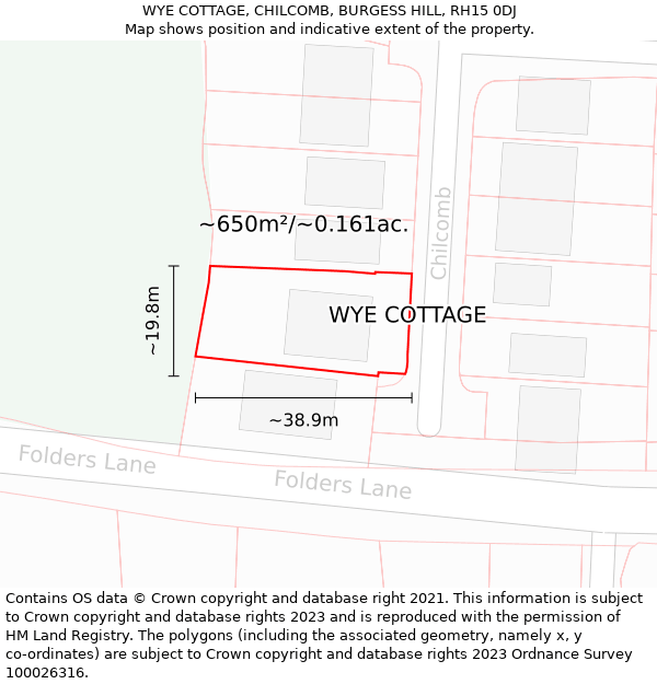 WYE COTTAGE, CHILCOMB, BURGESS HILL, RH15 0DJ: Plot and title map