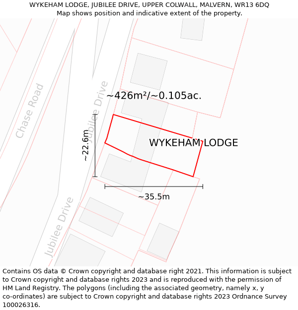 WYKEHAM LODGE, JUBILEE DRIVE, UPPER COLWALL, MALVERN, WR13 6DQ: Plot and title map