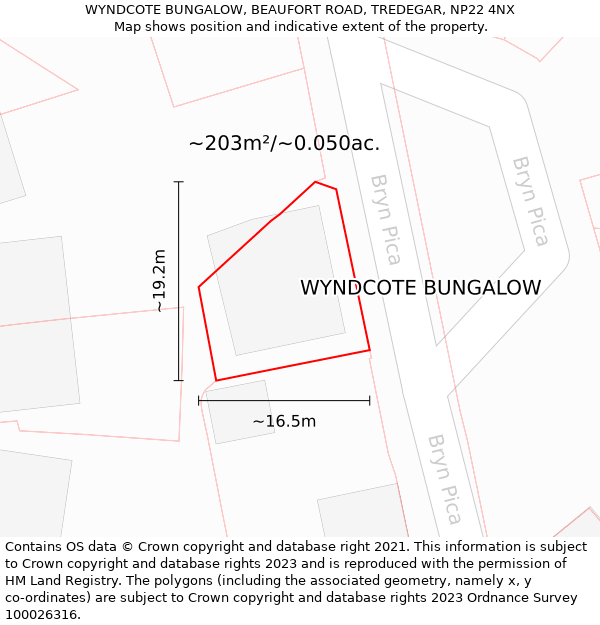 WYNDCOTE BUNGALOW, BEAUFORT ROAD, TREDEGAR, NP22 4NX: Plot and title map