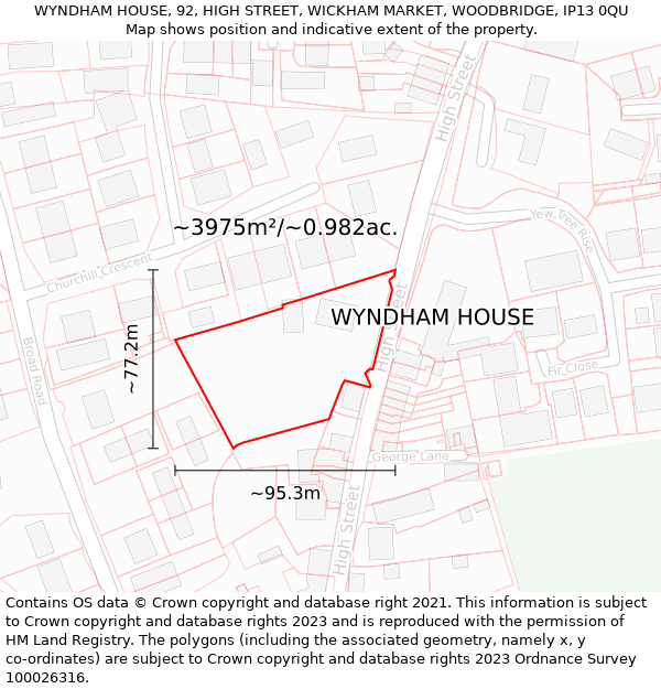 WYNDHAM HOUSE, 92, HIGH STREET, WICKHAM MARKET, WOODBRIDGE, IP13 0QU: Plot and title map