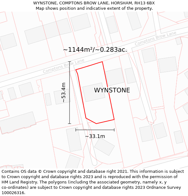 WYNSTONE, COMPTONS BROW LANE, HORSHAM, RH13 6BX: Plot and title map