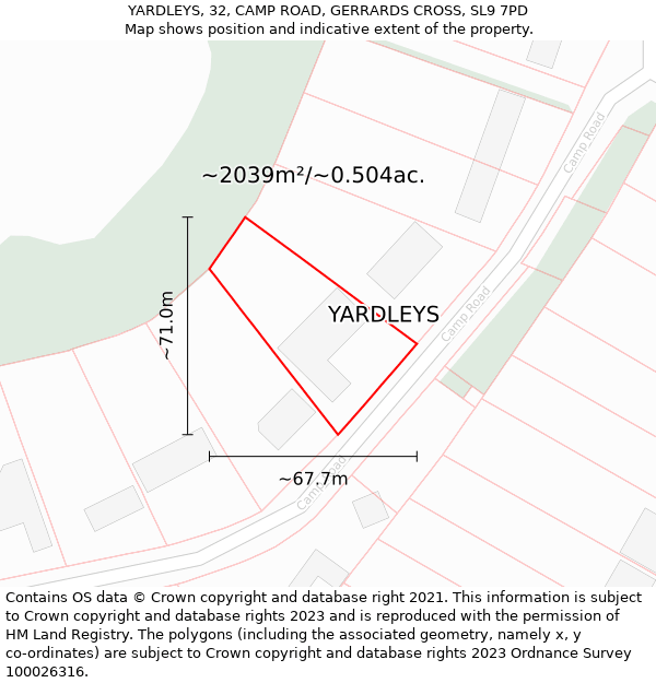 YARDLEYS, 32, CAMP ROAD, GERRARDS CROSS, SL9 7PD: Plot and title map