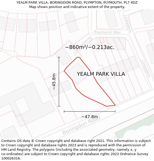 YEALM PARK VILLA, BORINGDON ROAD, PLYMPTON, PLYMOUTH, PL7 4DZ: Plot and title map