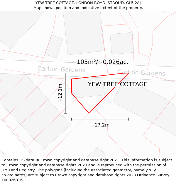 YEW TREE COTTAGE, LONDON ROAD, STROUD, GL5 2AJ: Plot and title map