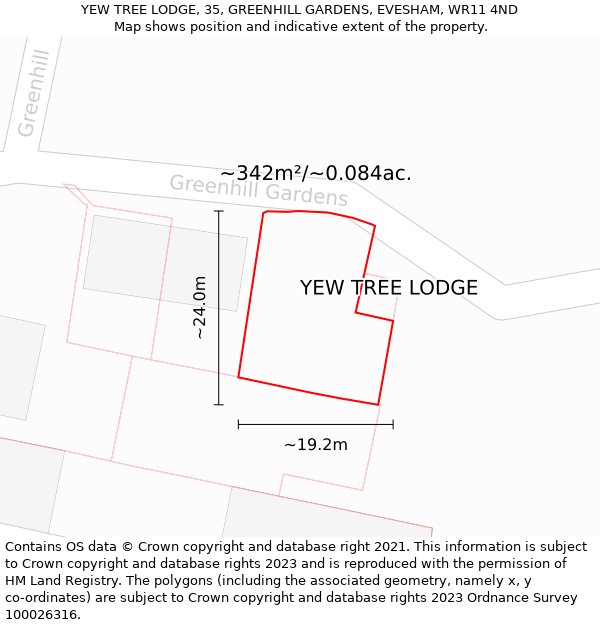 YEW TREE LODGE, 35, GREENHILL GARDENS, EVESHAM, WR11 4ND: Plot and title map