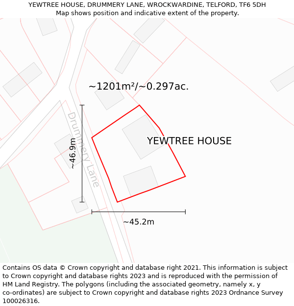 YEWTREE HOUSE, DRUMMERY LANE, WROCKWARDINE, TELFORD, TF6 5DH: Plot and title map