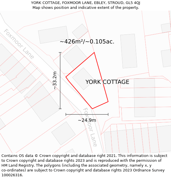 YORK COTTAGE, FOXMOOR LANE, EBLEY, STROUD, GL5 4QJ: Plot and title map