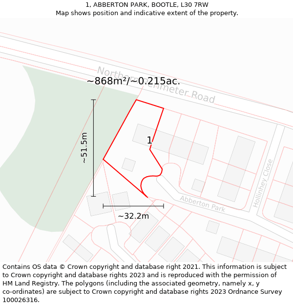 1, ABBERTON PARK, BOOTLE, L30 7RW: Plot and title map