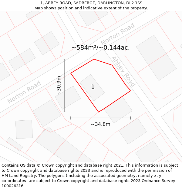 1, ABBEY ROAD, SADBERGE, DARLINGTON, DL2 1SS: Plot and title map