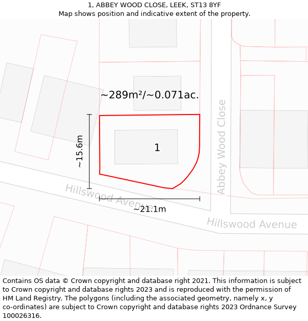 1, ABBEY WOOD CLOSE, LEEK, ST13 8YF: Plot and title map