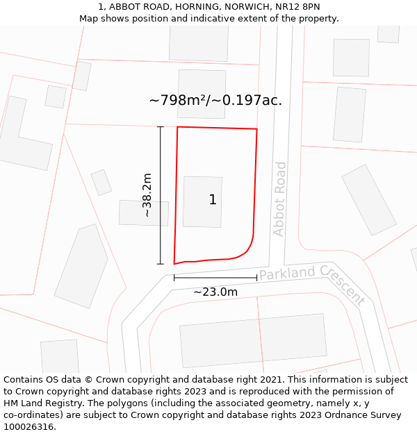 1, ABBOT ROAD, HORNING, NORWICH, NR12 8PN: Plot and title map