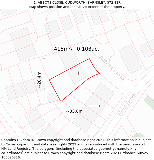 1, ABBOTS CLOSE, CUDWORTH, BARNSLEY, S72 8SR: Plot and title map