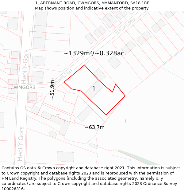 1, ABERNANT ROAD, CWMGORS, AMMANFORD, SA18 1RB: Plot and title map