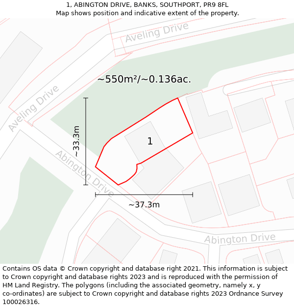 1, ABINGTON DRIVE, BANKS, SOUTHPORT, PR9 8FL: Plot and title map