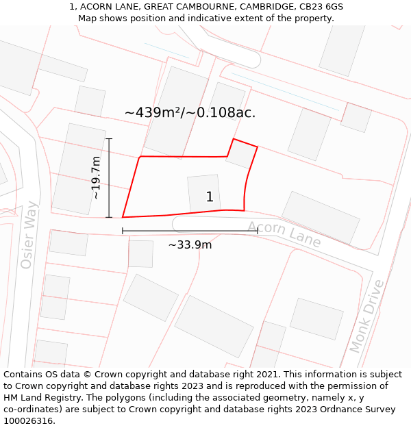 1, ACORN LANE, GREAT CAMBOURNE, CAMBRIDGE, CB23 6GS: Plot and title map