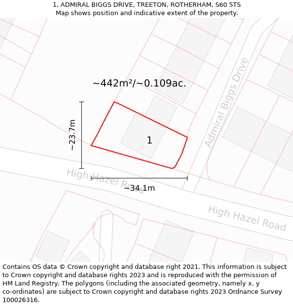 1, ADMIRAL BIGGS DRIVE, TREETON, ROTHERHAM, S60 5TS: Plot and title map