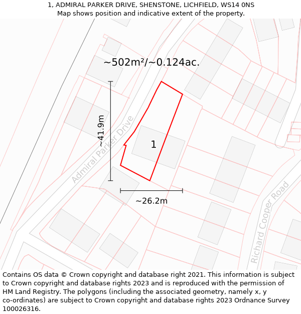 1, ADMIRAL PARKER DRIVE, SHENSTONE, LICHFIELD, WS14 0NS: Plot and title map