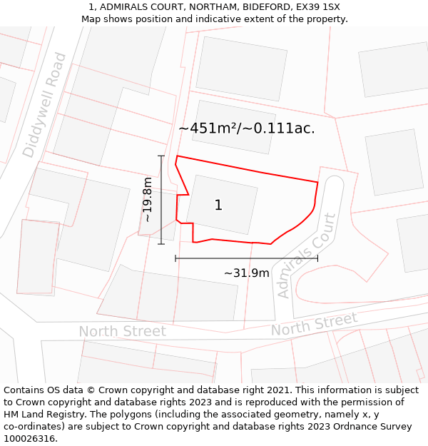 1, ADMIRALS COURT, NORTHAM, BIDEFORD, EX39 1SX: Plot and title map