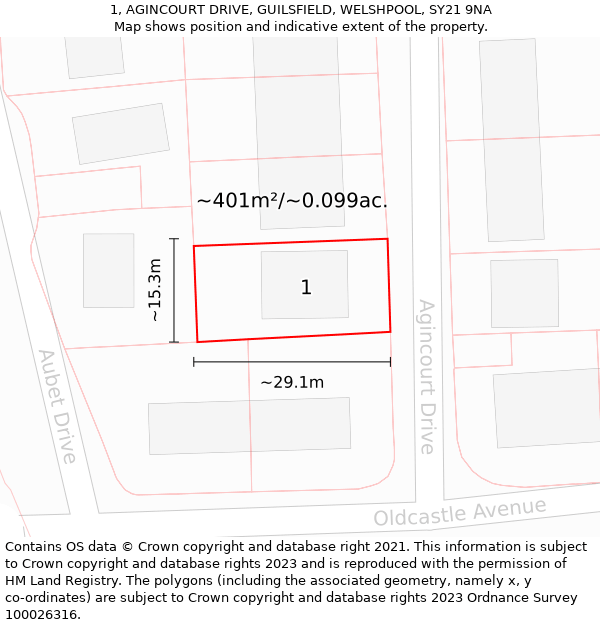 1, AGINCOURT DRIVE, GUILSFIELD, WELSHPOOL, SY21 9NA: Plot and title map