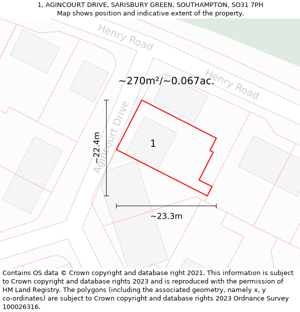 1, AGINCOURT DRIVE, SARISBURY GREEN, SOUTHAMPTON, SO31 7PH: Plot and title map