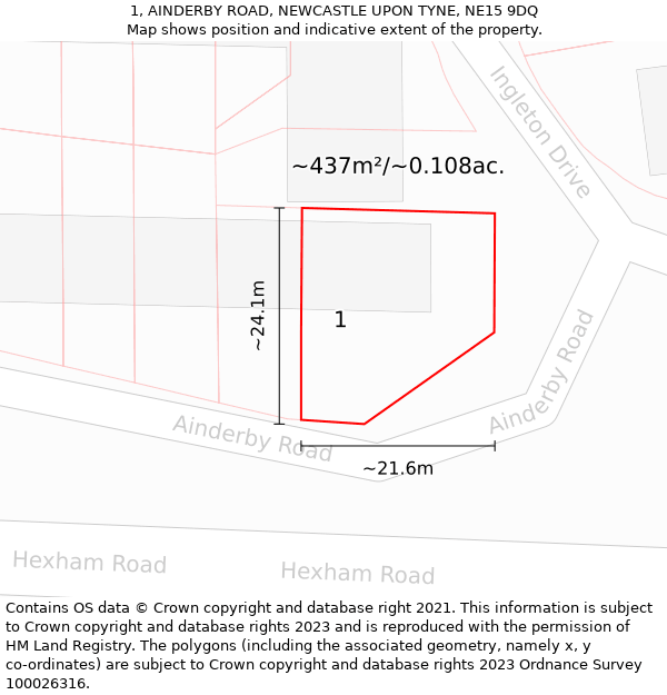 1, AINDERBY ROAD, NEWCASTLE UPON TYNE, NE15 9DQ: Plot and title map