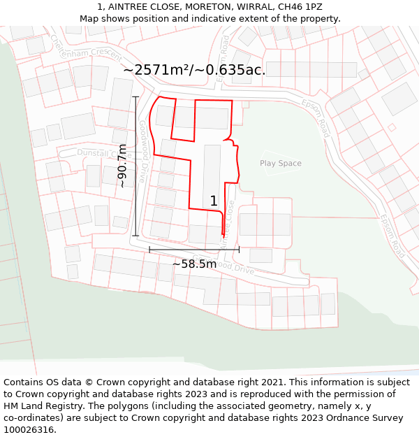 1, AINTREE CLOSE, MORETON, WIRRAL, CH46 1PZ: Plot and title map